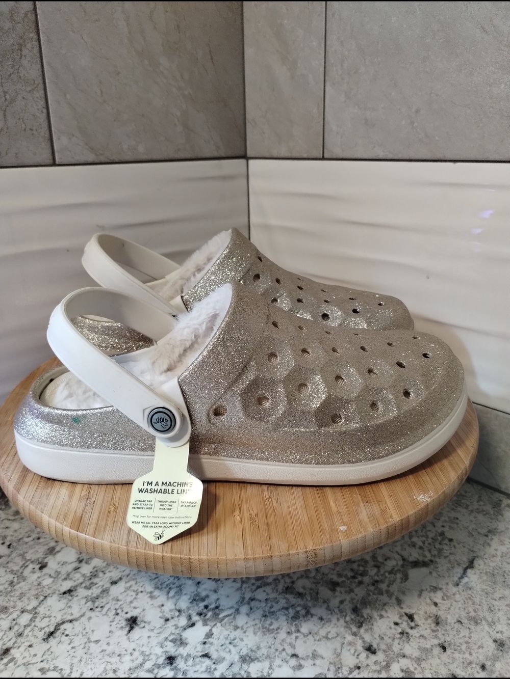 Joybees Varsity Glitter  with Faux Fur - Champagne Sparkle Clog
